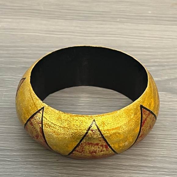 Wood Bangle Bracelet with Gold and Red Zigzag Painted Design, Boho - Picture 4 of 5